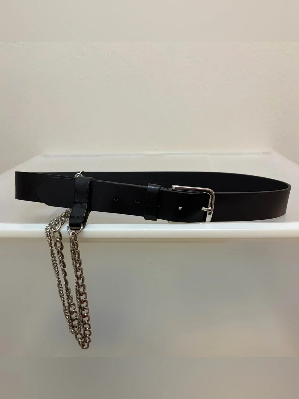 Zara Man Black Leather Silver-tone Chain Accent Belt